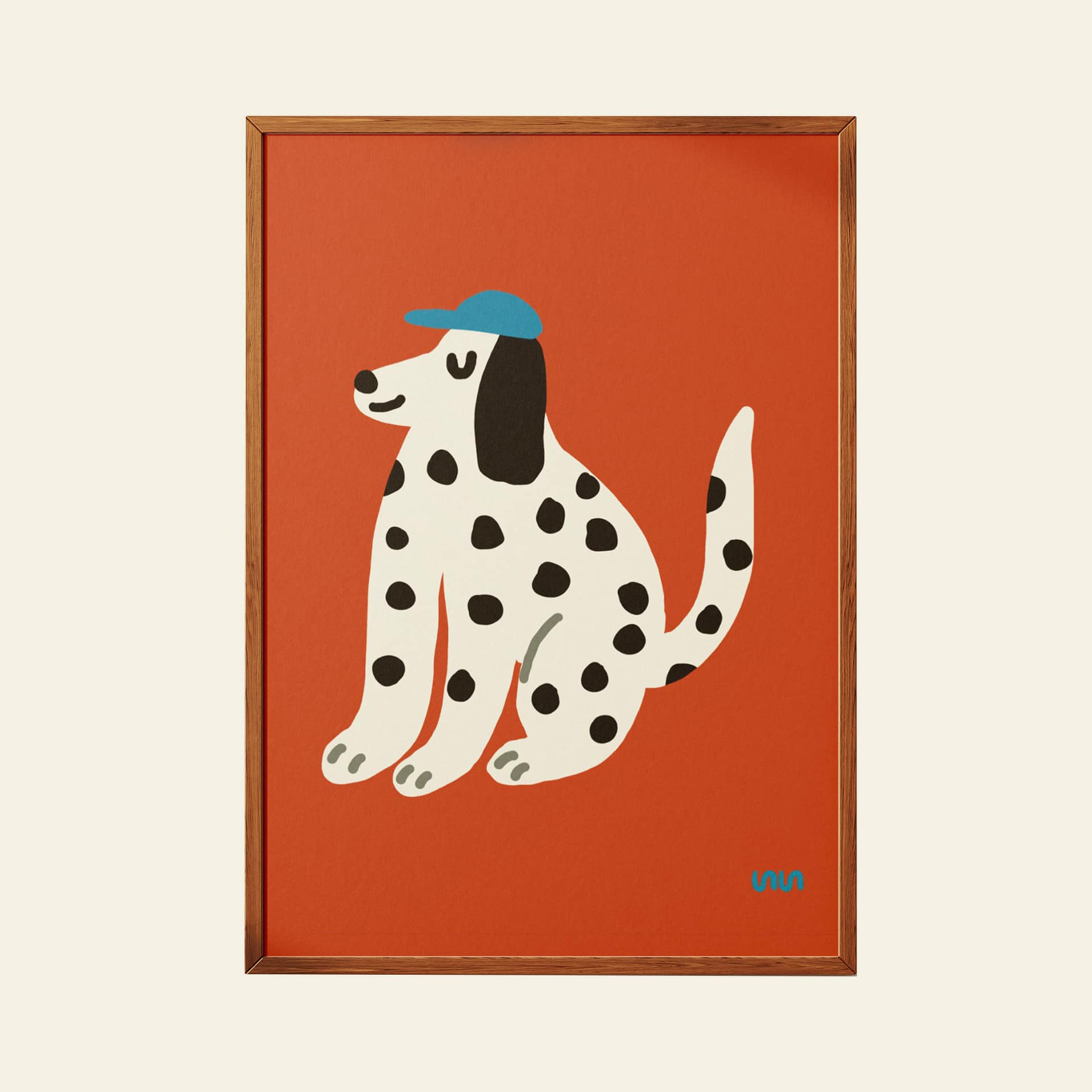 The Stacked Store Exclusive Xavier The Dog Poster (30x40) features a smiling Dalmatian with black spots and a blue cap, sitting on an orange background, framed with a simple wooden frame. Brand: Stacked Store.