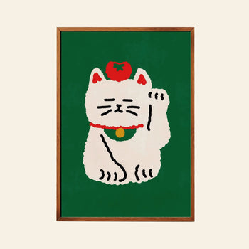 The Stacked Store Huat The Lucky Cat Poster (30x40) features a white maneki-neko with a red collar, gold bell, and a red apple on its head, set against a green background with one paw raised in welcome.