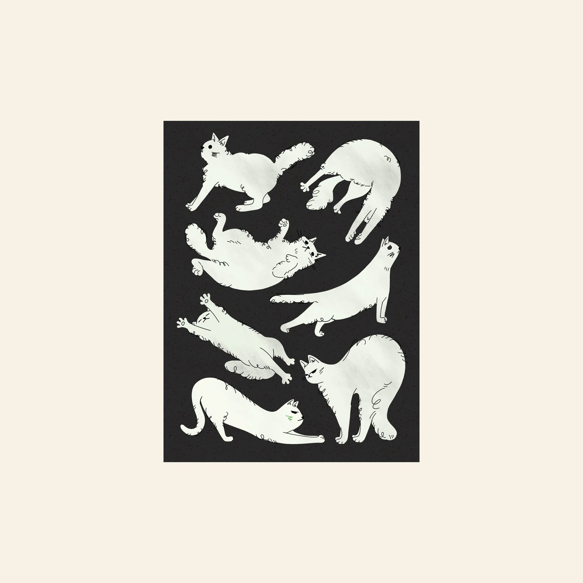 Stacked Store’s Jaeyyelle Cat Poster (30x40) features seven white cats in playful poses on black, framed in light beige—a whimsical collectible art piece perfect for cat lovers.