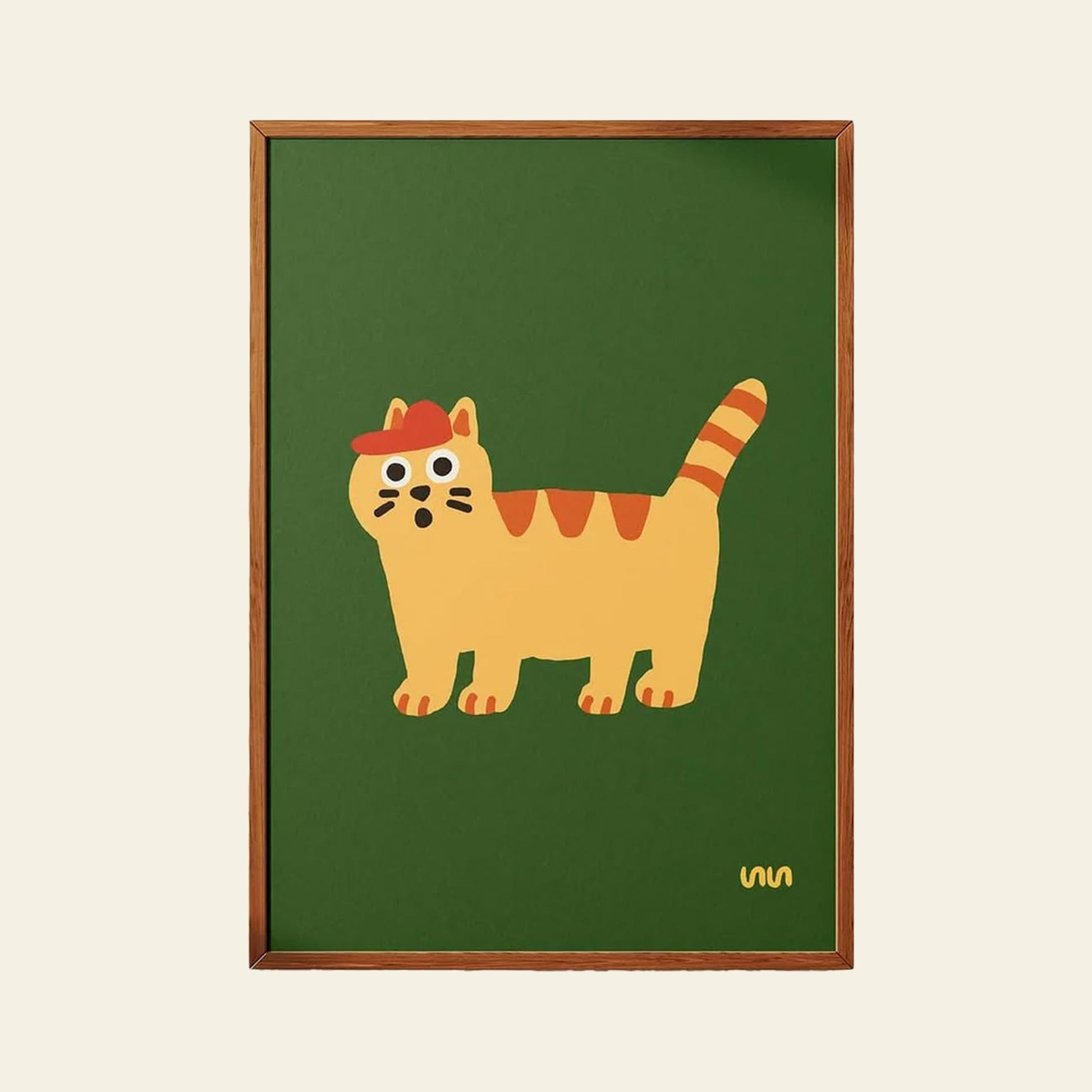 The Stacked Store Exclusive Scaredy Cat Poster (30x40) features a playful yellow cat with orange stripes and a red cap against a green background—an ideal framed cartoon print for scaredy-cat fans by Stacked Store.