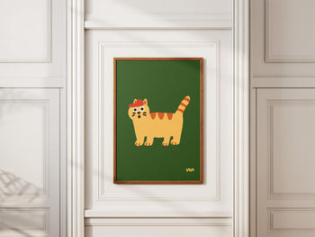 The Stacked Store Exclusive Scaredy Cat Poster (30x40) features an orange striped cartoon cat on a green background, adding playful charm to a white paneled wall.