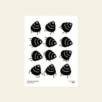 The Stacked Store Summer Market 2024 Edition Poster showcases minimalist elegance with a 3x4 grid of black croissants on white, featuring “Summer Market Stacked Store” and “2024 Edition Una.” for a refined touch.
