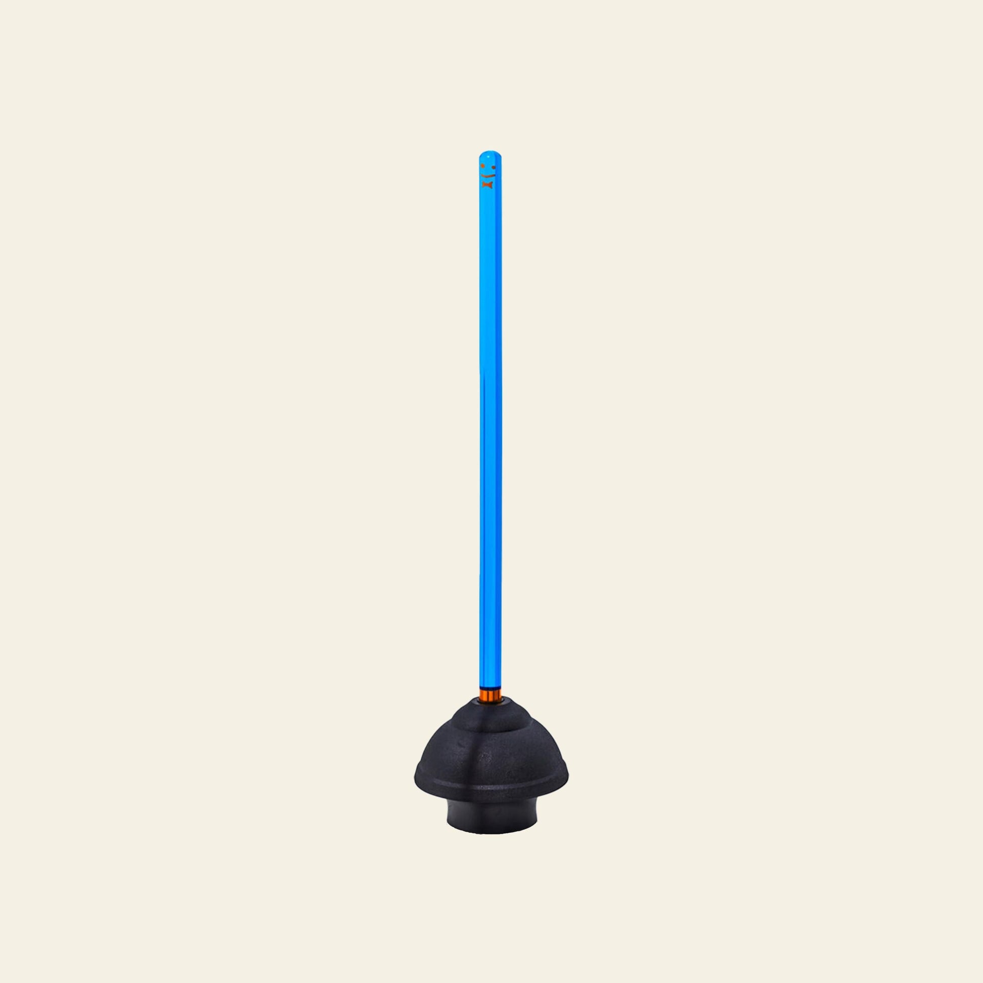 The Staff The Plunger by Staff features a black rubber suction cup and a handle styled like a blue lightsaber, standing upright against a beige background—a quirky bathroom must-have.