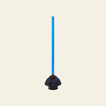 The Staff The Plunger by Staff features a black rubber suction cup and a handle styled like a blue lightsaber, standing upright against a beige background—a quirky bathroom must-have.