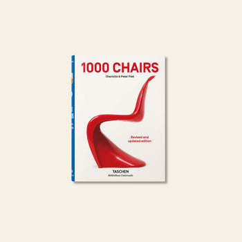 Cover of TASCHENs 1000 Chairs: Revised and Updated Edition, featuring a modern curved red chair on a white background with bold red and black text—a must-have for design history enthusiasts.