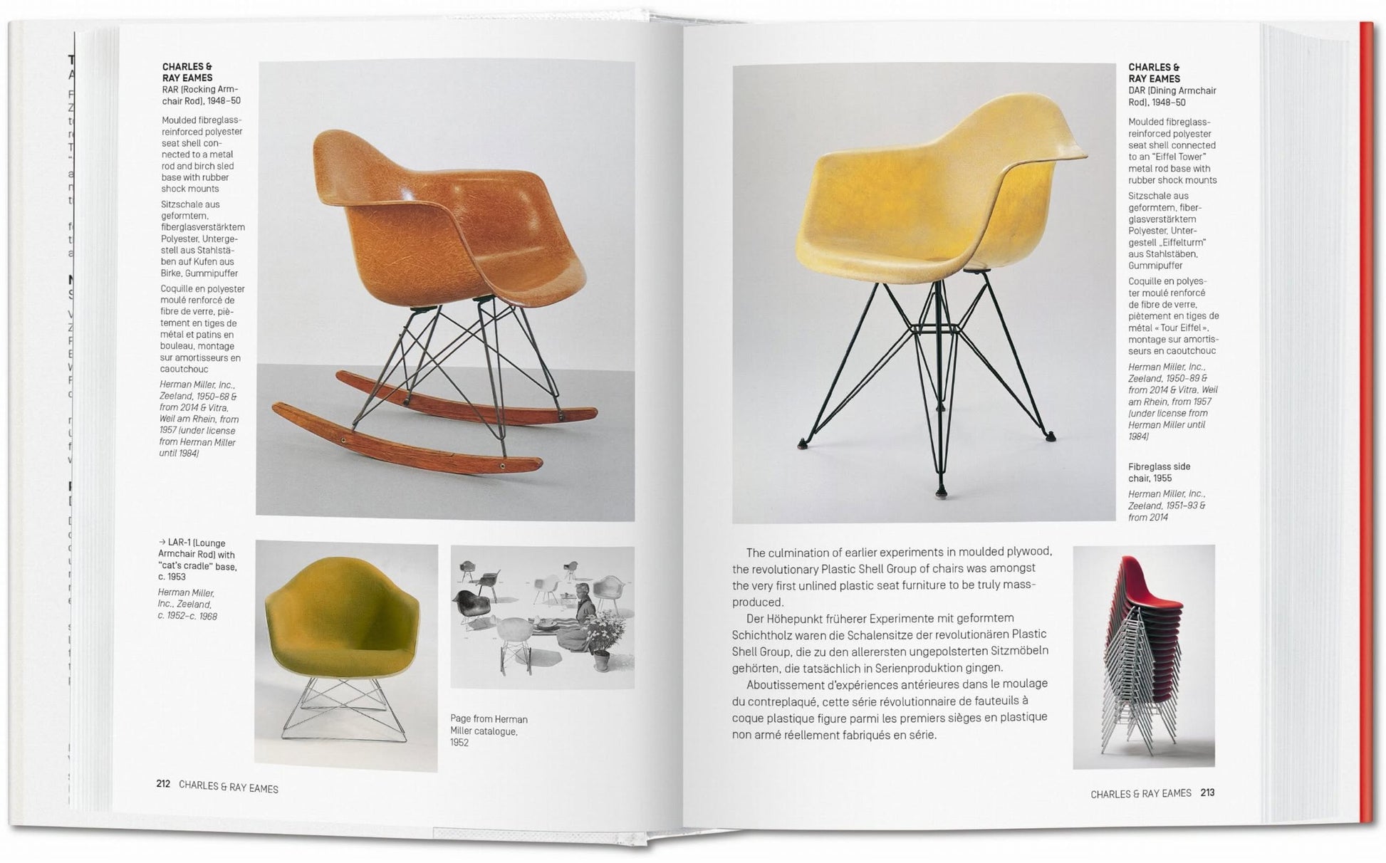 Open book from TASCHEN 1000 Chairs: Revised and Updated Edition shows Eames molded plastic chair, with photos of various models like rocking and side chairs, plus English and German captions. Brand: TASCHEN.