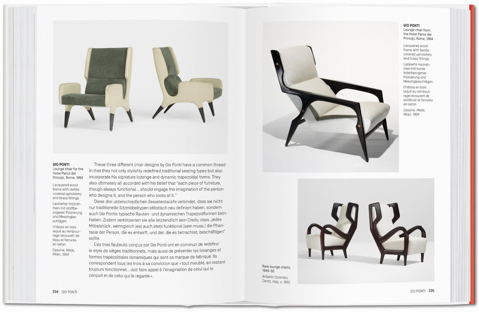 An open spread from TASCHEN 1000 Chairs: Revised and Updated Edition by TASCHEN displays iconic wooden chairs with muted tones, text in English, French, and German on the left, and three angled chair photos on the right.