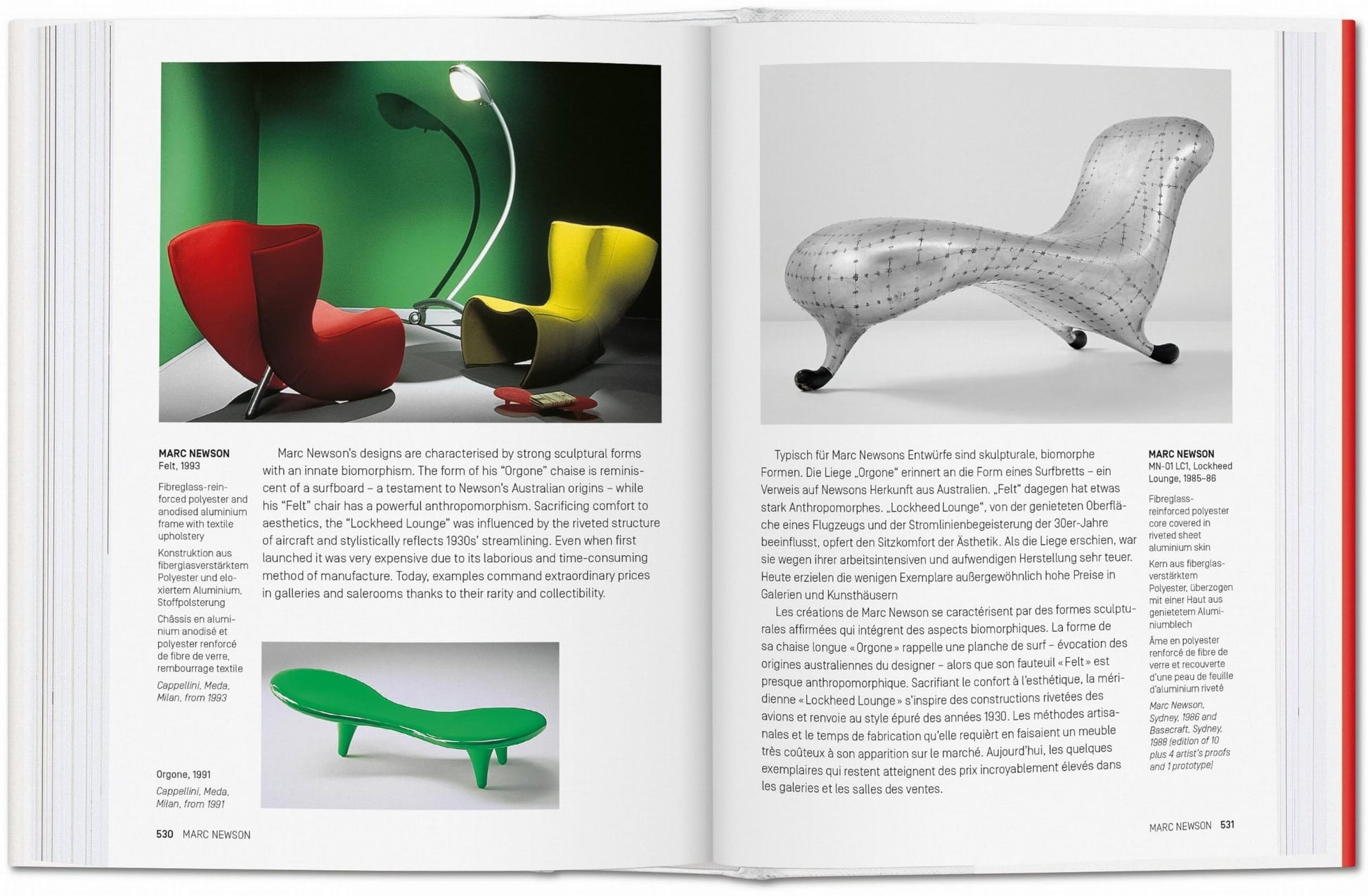 An open book, TASCHEN 1000 Chairs: Revised and Updated Edition by TASCHEN, showcases photos of striking chairs in bold colors and transparent materials, plus details on designer Marc Newson’s pioneering furniture and design legacy.