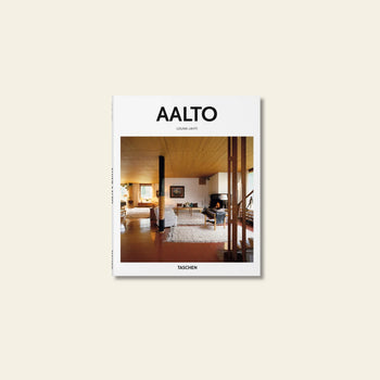 The TASCHEN Aalto book cover features an interior photo of a modern living room inspired by architect Alvar Aalto, with wooden ceilings, white walls, minimalist furniture, a fireplace, and the TASCHEN brand mark at the bottom.
