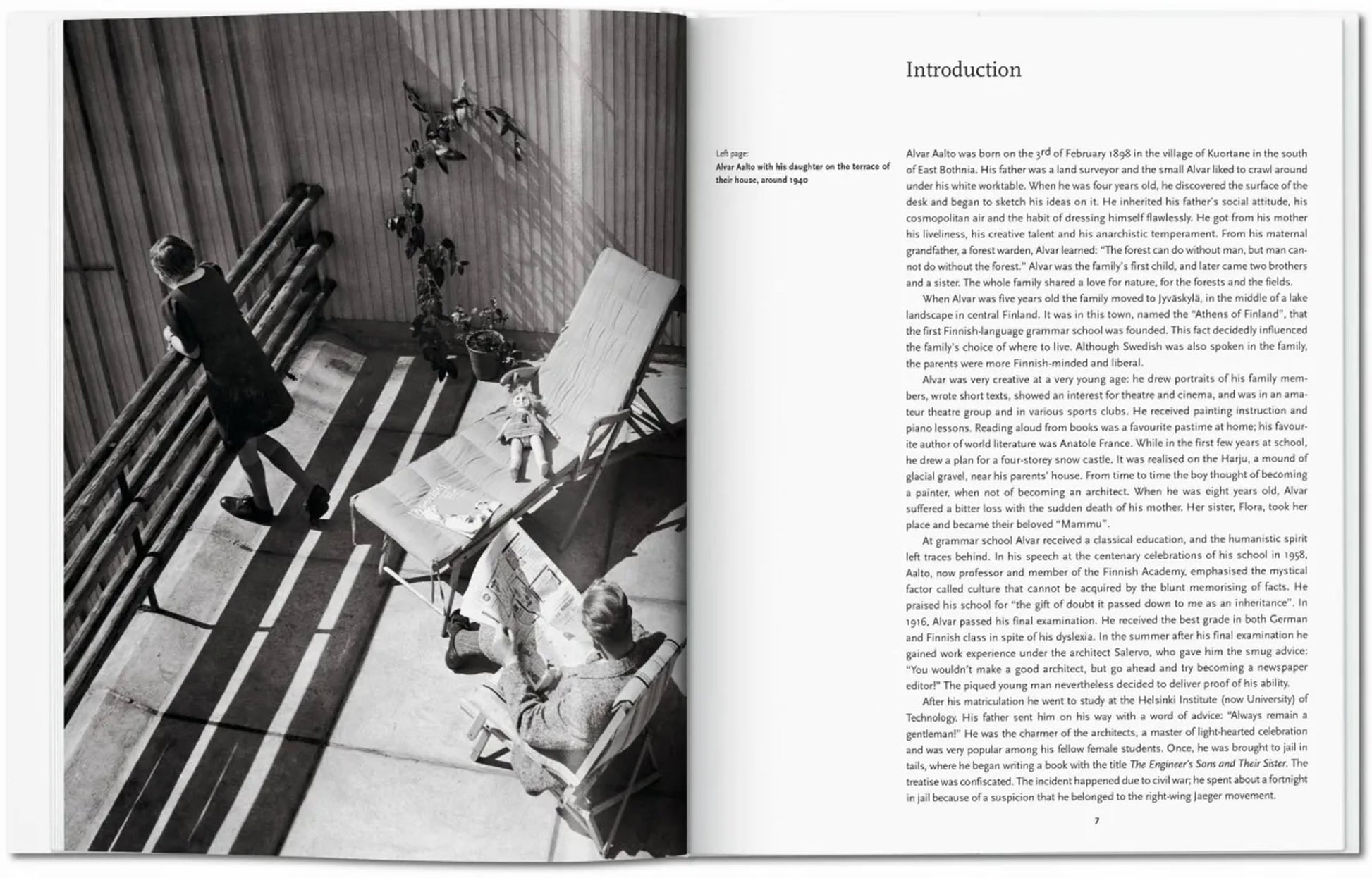 A black and white photo evokes Alvar Aaltos modernism, showing a person walking on a sunlit patio as another relaxes nearby. Opposite is the introduction page of TASCHEN Aalto by TASCHEN.