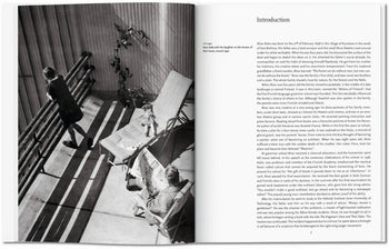 A black and white photo evokes Alvar Aaltos modernism, showing a person walking on a sunlit patio as another relaxes nearby. Opposite is the introduction page of TASCHEN Aalto by TASCHEN.