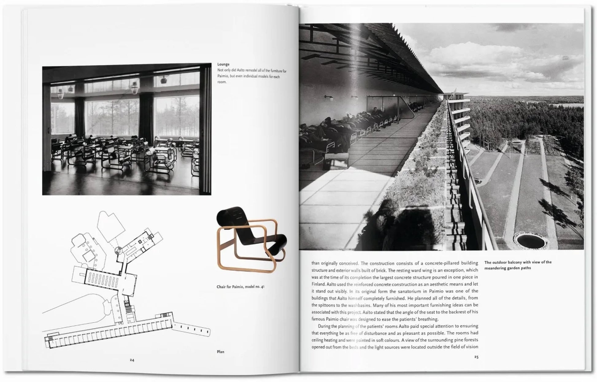 The TASCHEN Aalto book shows a windowed lounge, floor plan, and Alvar Aalto-inspired chair on the left page; the right has a black-and-white terrace photo above text. Brand: TASCHEN.