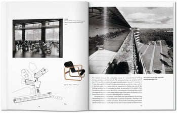 The TASCHEN Aalto book shows a windowed lounge, floor plan, and Alvar Aalto-inspired chair on the left page; the right has a black-and-white terrace photo above text. Brand: TASCHEN.