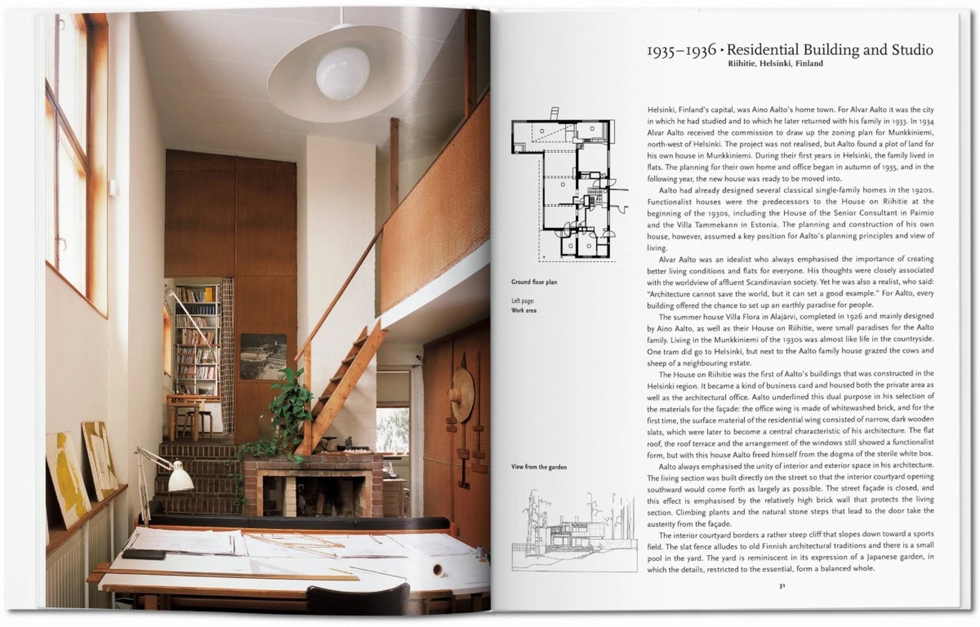 The TASCHEN Aalto book by TASCHEN shows on the left a photo of a modern wood interior with mezzanine, fireplace, plants, and workspace; on the right are architectural drawings and text on Finnish architect Alvar Aalto.