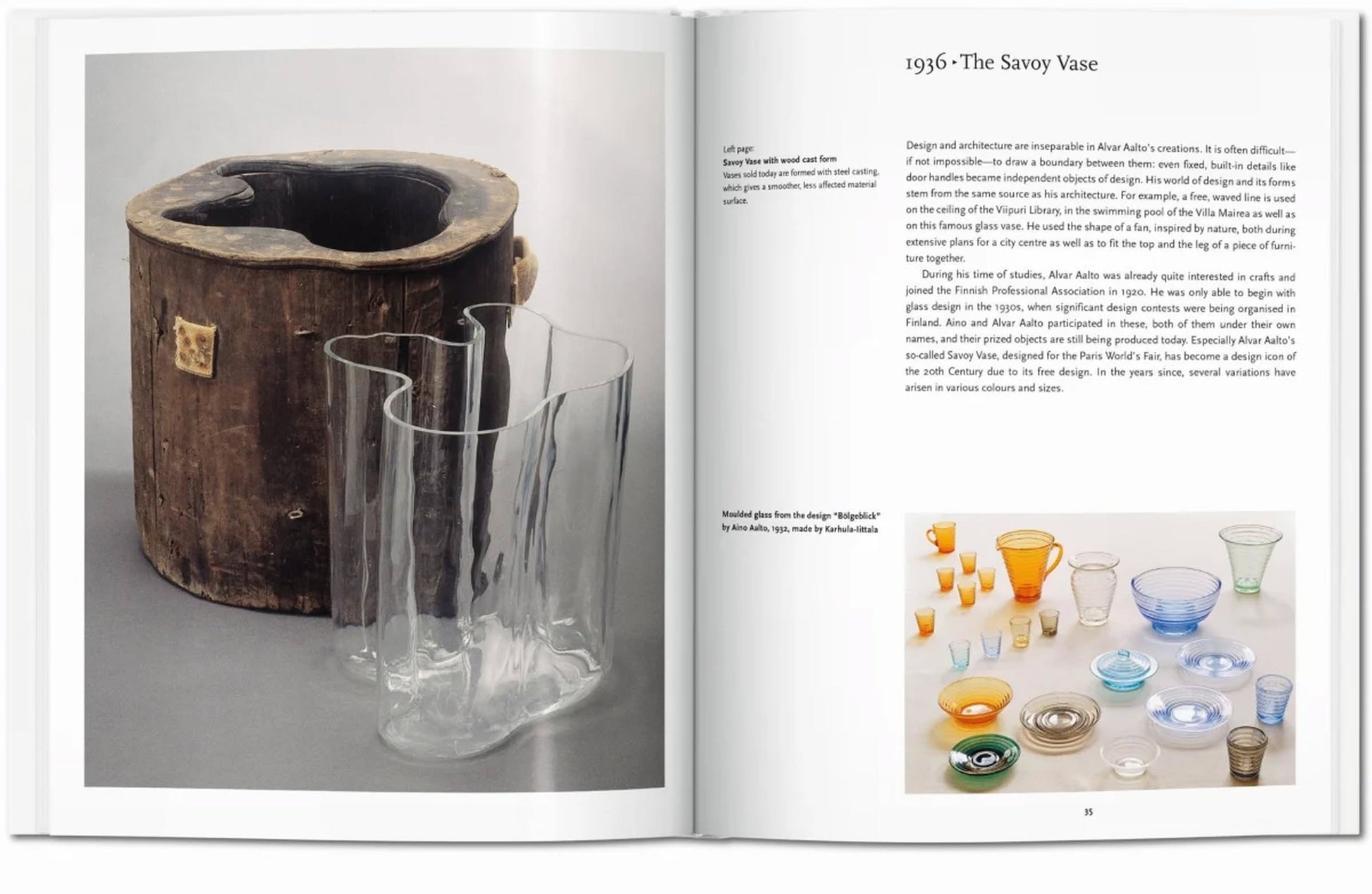 The TASCHEN Aalto book by TASCHEN displays a large wooden mold and Alvar Aalto’s iconic clear glass vase on the left page, with smaller colorful glassware and detailed descriptions featured on the right.