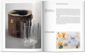 The TASCHEN Aalto book by TASCHEN displays a large wooden mold and Alvar Aalto’s iconic clear glass vase on the left page, with smaller colorful glassware and detailed descriptions featured on the right.