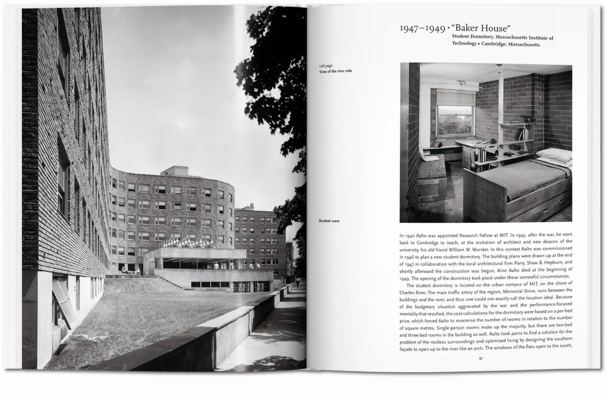 A black-and-white photo in TASCHEN Aalto shows MIT’s Baker House, the curving brick dorm by Alvar Aalto. The opposite page features a modernist dorm room with a bed, desk, window, and building details.