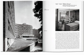 A black-and-white photo in TASCHEN Aalto shows MIT’s Baker House, the curving brick dorm by Alvar Aalto. The opposite page features a modernist dorm room with a bed, desk, window, and building details.