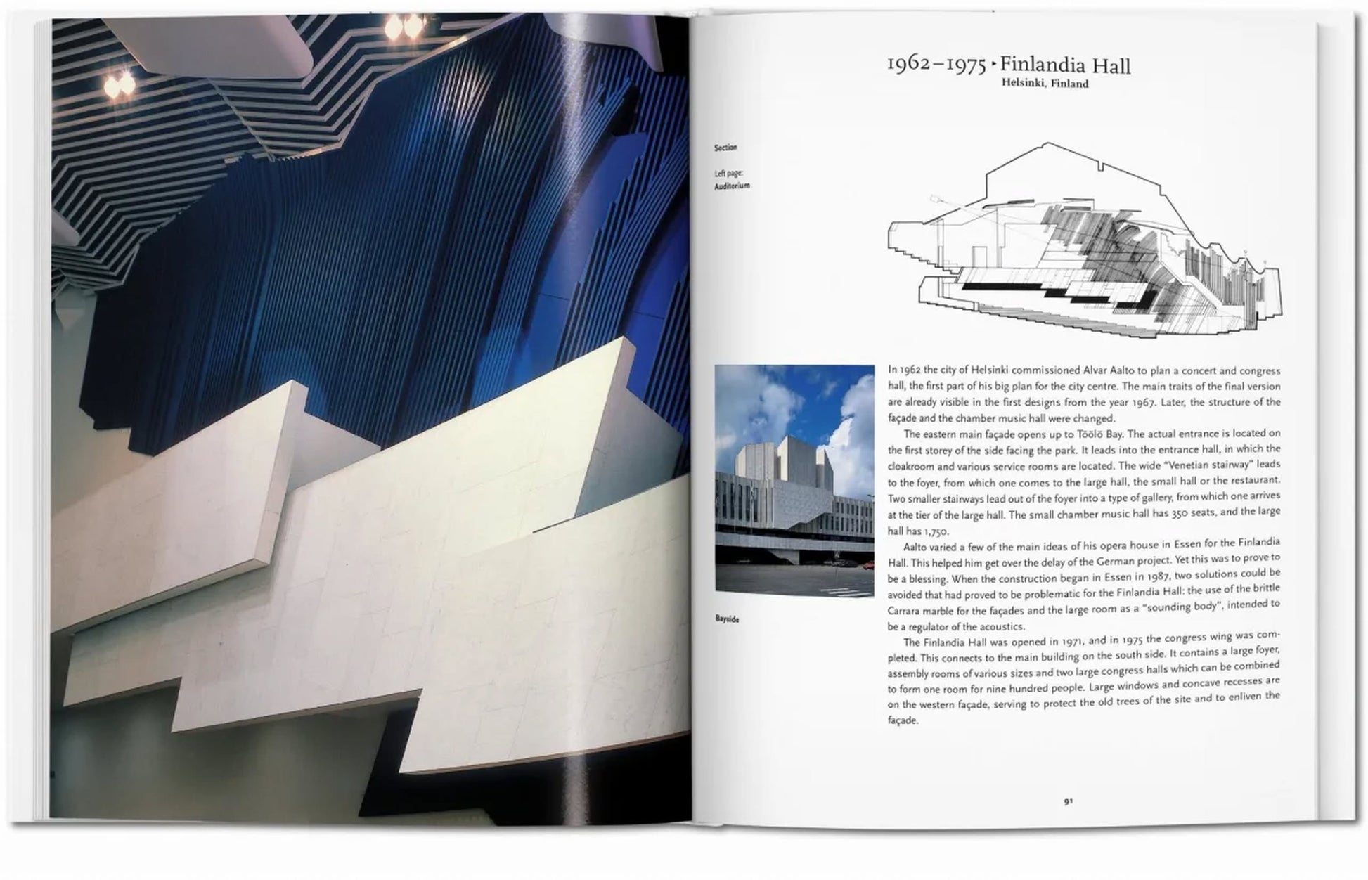 The TASCHEN Aalto book by TASCHEN shows abstract blue-and-white sculptural walls on the left page and architectural plans, images, and text about Helsinki’s Finlandia Hall by Alvar Aalto on the right.