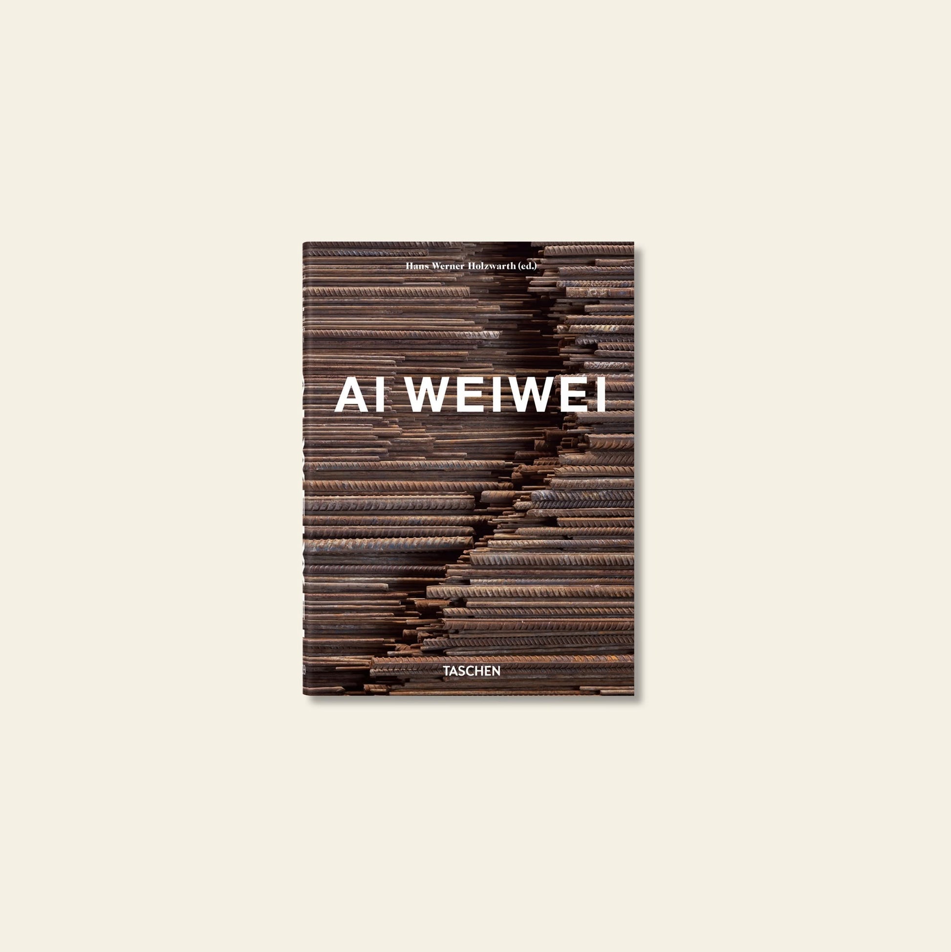 The TASCHEN Ai Weiwei book cover features the artist's name in bold white letters over a textured, wooden-slats background, with the TASCHEN brand at the bottom.