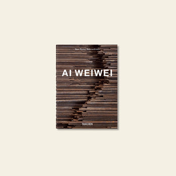The TASCHEN Ai Weiwei book cover features the artist's name in bold white letters over a textured, wooden-slats background, with the TASCHEN brand at the bottom.