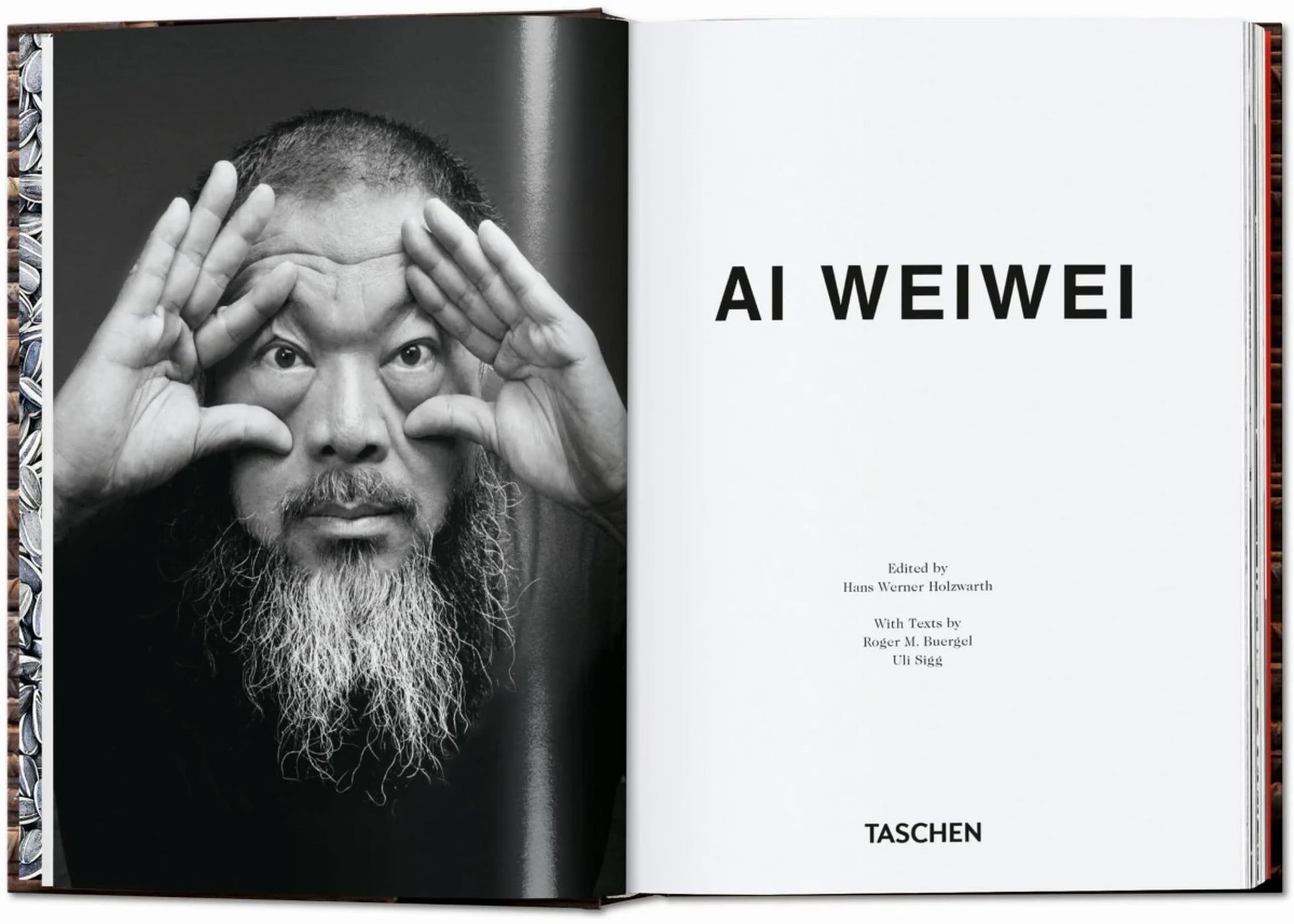 A black-and-white photo of a bearded man framing his eyes with his hands, next to a page from the TASCHEN Ai Weiwei book by TASCHEN.