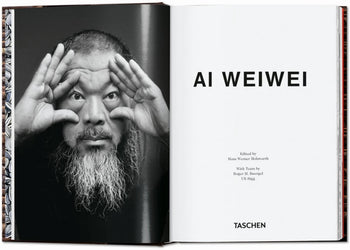 A black-and-white photo of a bearded man framing his eyes with his hands, next to a page from the TASCHEN Ai Weiwei book by TASCHEN.