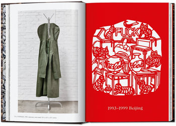 Left: A sleeveless green dress is shown on a mannequin by a white brick wall. Right: The TASCHEN Ai Weiwei monograph features bold red paper-cut art with boxes, apples, and “FUCK” at the top, marked 1993–1999 Beijing. Brand: TASCHEN.
