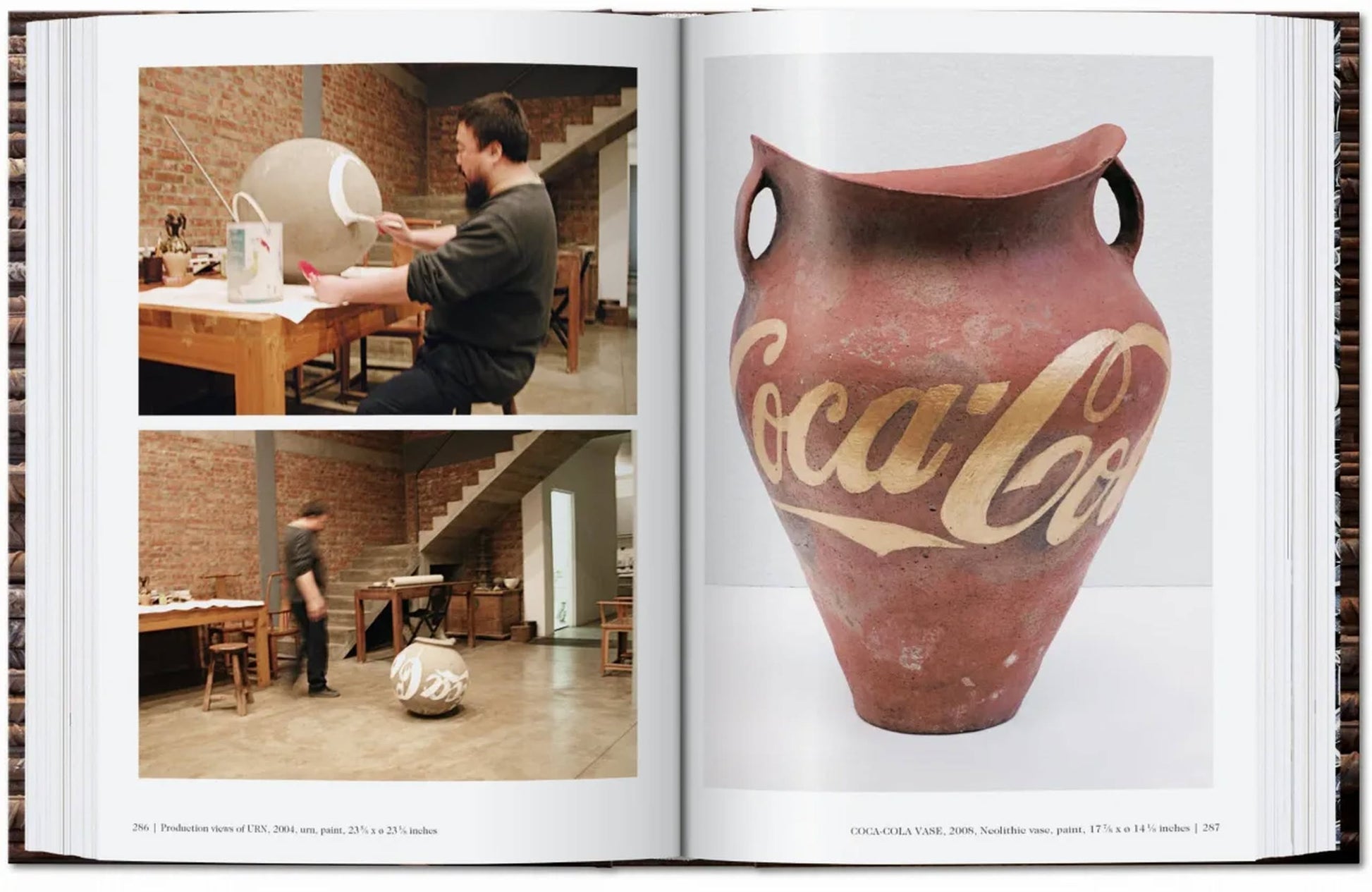 A spread from the TASCHEN Ai Weiwei by TASCHEN shows two photos of someone painting a large clay vessel and, on the right page, a finished ancient-style vase featuring the Coca-Cola logo.