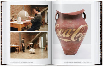 A spread from the TASCHEN Ai Weiwei by TASCHEN shows two photos of someone painting a large clay vessel and, on the right page, a finished ancient-style vase featuring the Coca-Cola logo.