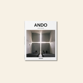 The image shows the cover of TASCHEN Ando by TASCHEN, featuring a minimalist church interior with benches and a striking cross-shaped window, capturing Tadao Ando’s modernist style. The brand name appears at the bottom.