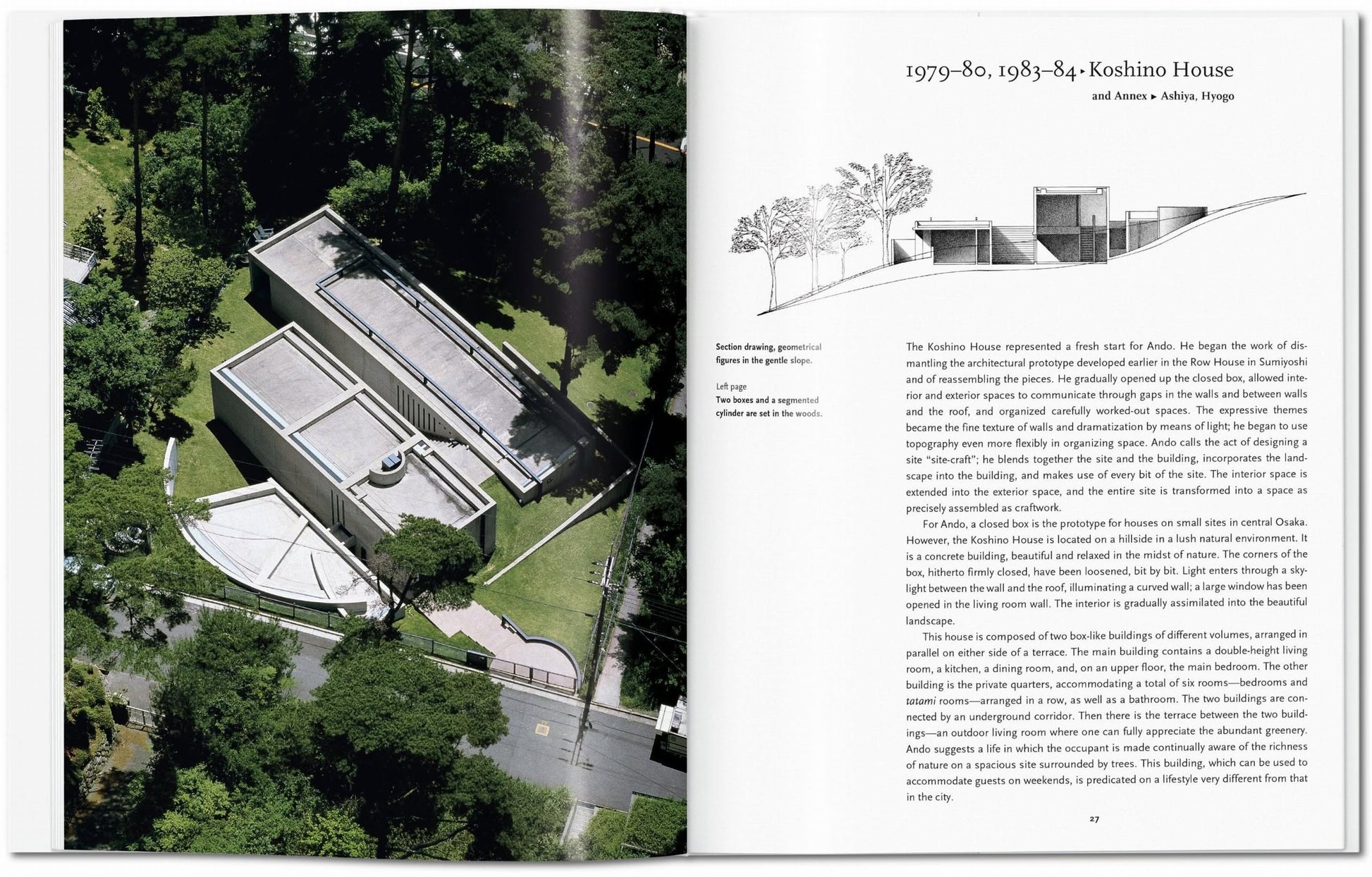 On the left page, an aerial photo of a modern house amid trees; on the right, a line drawing with text about Tadao Ando’s blend of modernism and Japanese serenity in Koshino House. Featured in TASCHEN Ando by TASCHEN.