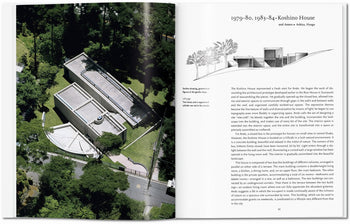 On the left page, an aerial photo of a modern house amid trees; on the right, a line drawing with text about Tadao Ando’s blend of modernism and Japanese serenity in Koshino House. Featured in TASCHEN Ando by TASCHEN.