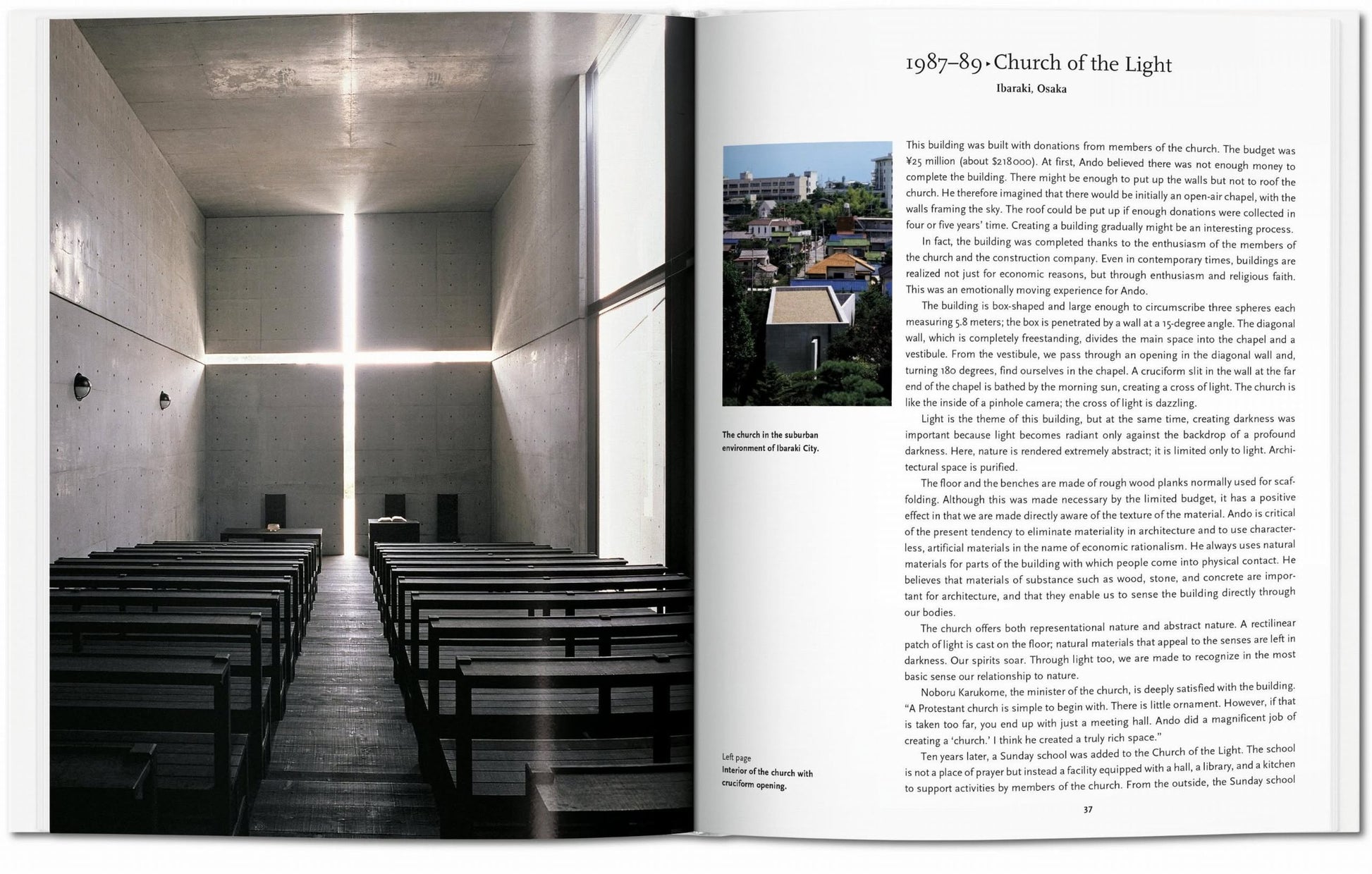 The TASCHEN Ando book by TASCHEN shows a photo of a minimalist chapel with concrete walls, wooden benches, and a cross-shaped window, highlighting Tadao Ando’s modernism. The next page contains images and text on the Church of the Light.
