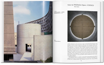 An open TASCHEN Ando book displays a photo of a curved concrete building and a circular skylight, with text about Tadao Ando’s 1994–95 UNESCO Meditation Space and its striking modernism.