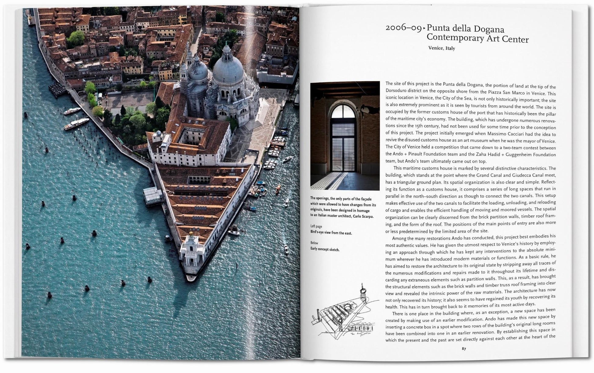In TASCHEN Ando by TASCHEN, an open book displays an aerial view of Venice’s Punta della Dogana and a photo of the Tadao Ando-designed art center, highlighting its rich history and stunning modern architecture.