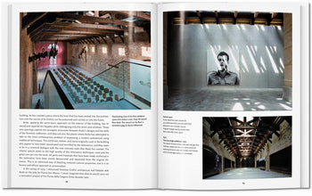 An open TASCHEN Ando book displays photos of modern industrial interiors with wooden beams, exposed brick, and Tadao Ando-inspired modernism, plus text on the architecture and features like a portrait mural and skylights.