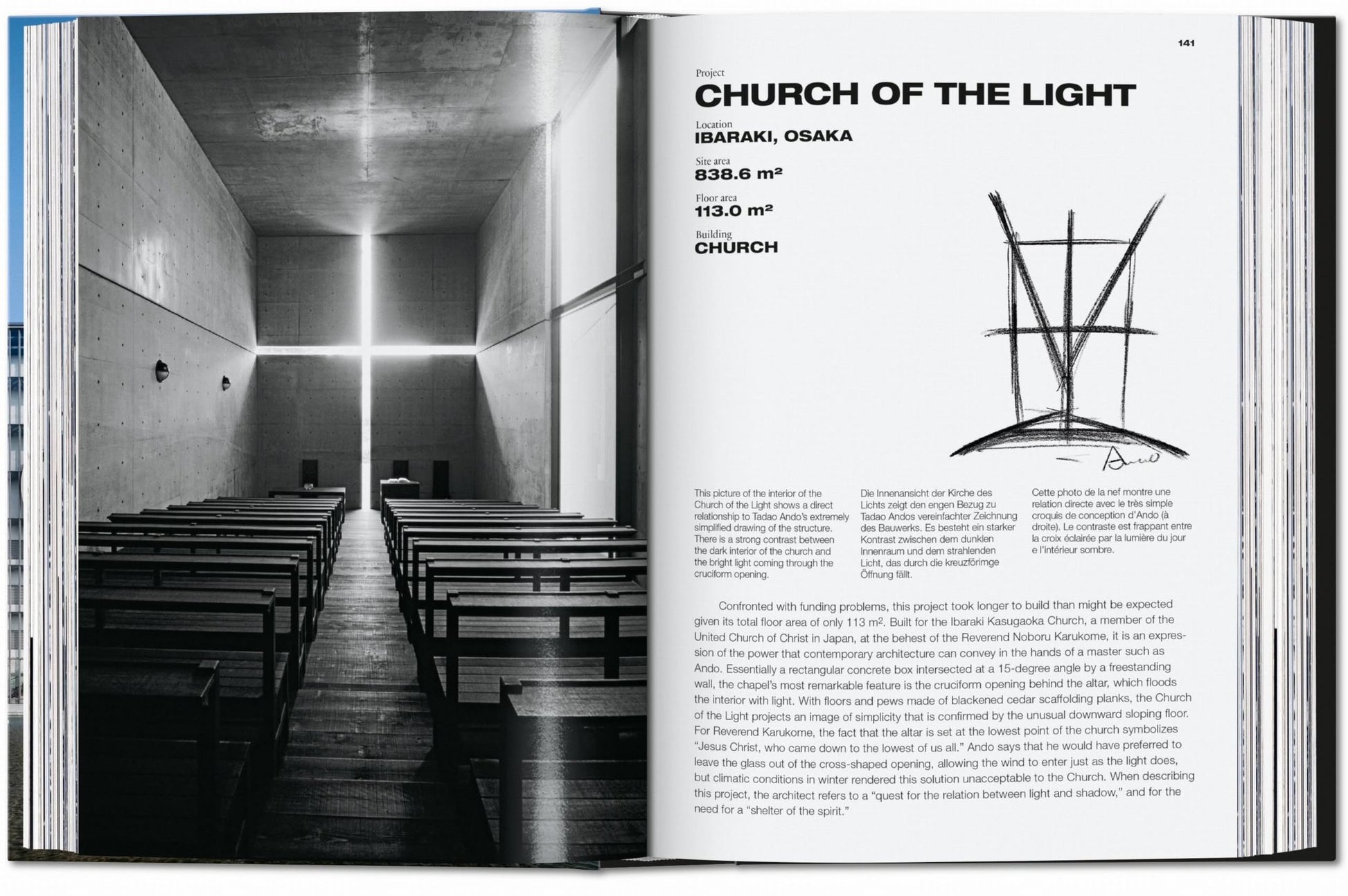 Open TASCHEN Ando: Complete Works 1975-Today to a photo of a minimalist church interior with cross-shaped window light, wooden pews, concrete walls, and text plus a tribute sketch on Church of the Light.