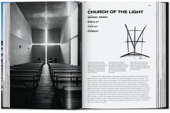 Open TASCHEN Ando: Complete Works 1975-Today to a photo of a minimalist church interior with cross-shaped window light, wooden pews, concrete walls, and text plus a tribute sketch on Church of the Light.