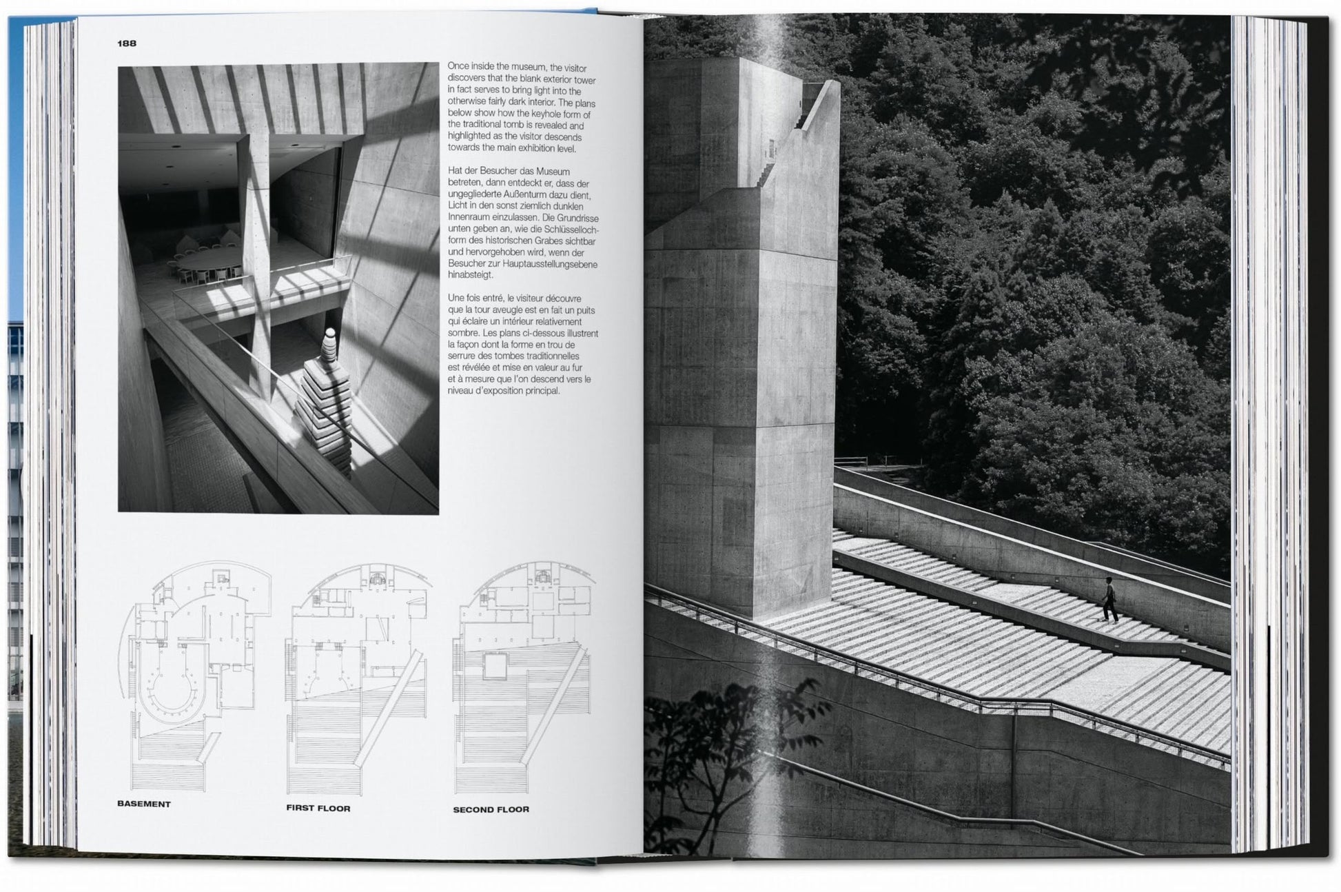 TASCHEN Ando: Complete Works 1975-Today by TASCHEN features minimalist concrete museum interiors, exterior walkways, a solitary figure outside, and detailed floor plans on white backgrounds—a tribute to Ando's architectural mastery.