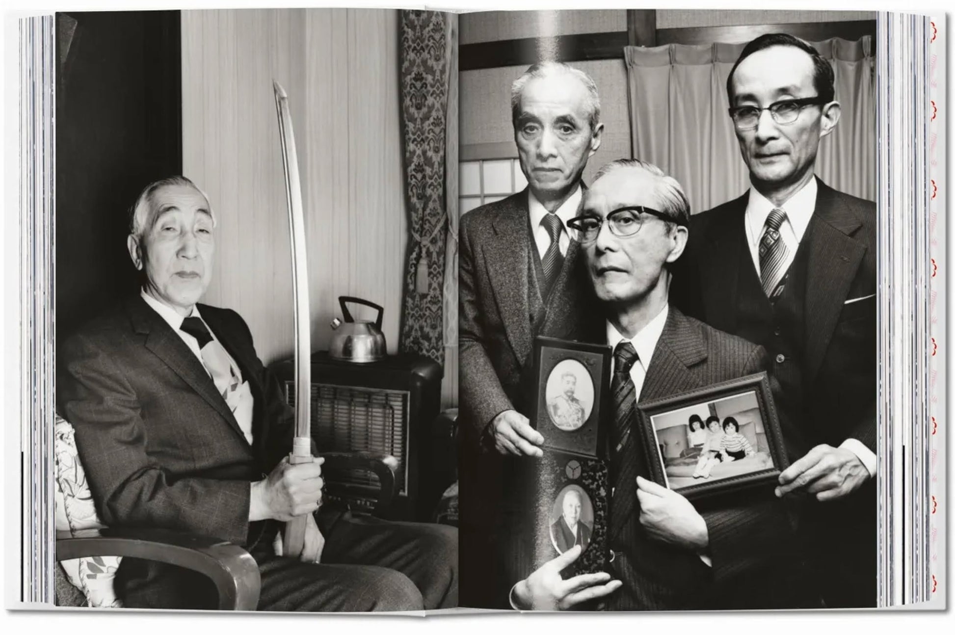 Four elderly men in suits pose in a traditional Japanese room; one holds a katana, others display family photos. This evocative scene, rich with heritage, recalls classic Japanese photography featured in TASCHEN Araki by TASCHEN.
