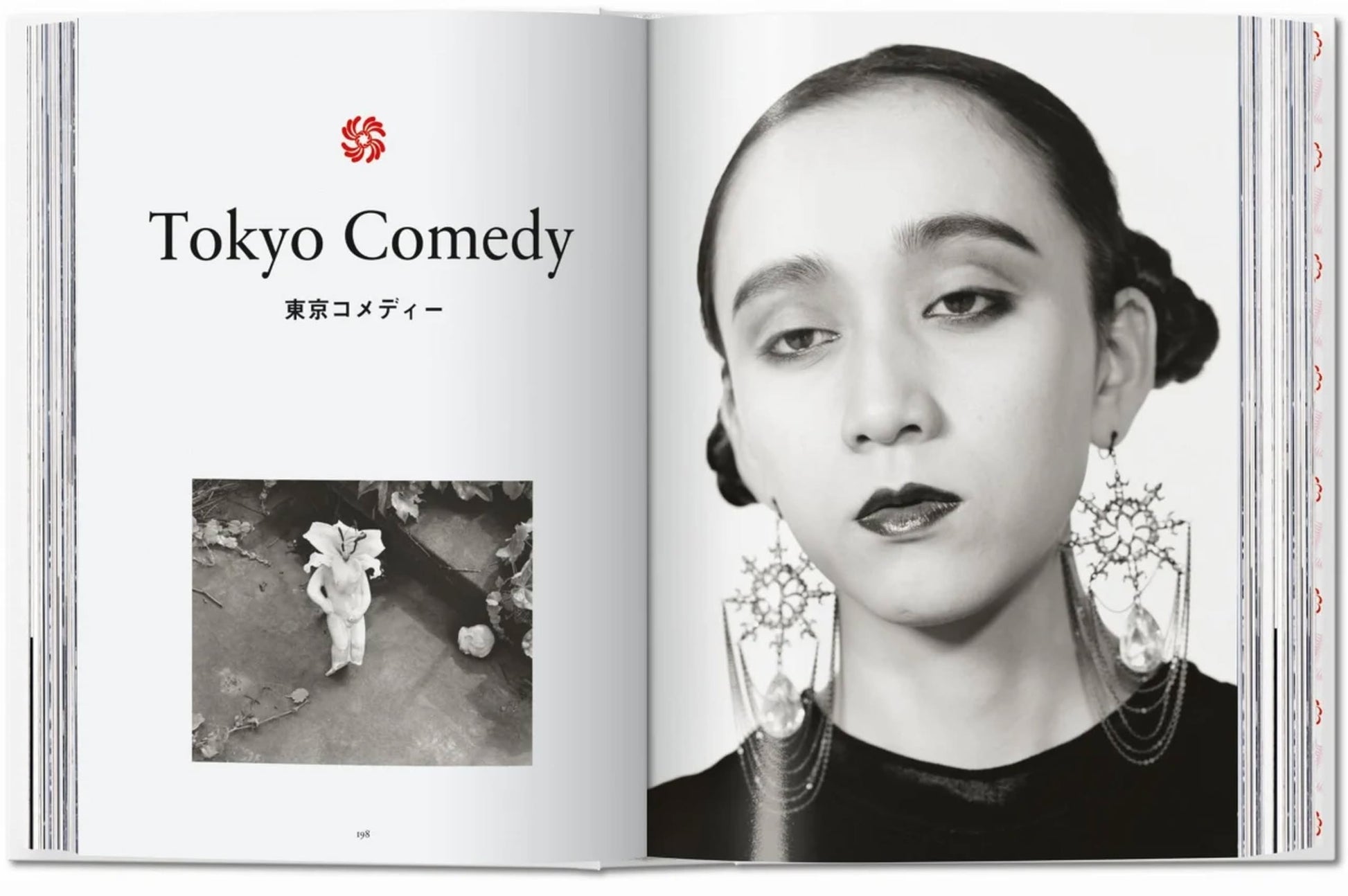 An open TASCHEN Araki book by TASCHEN displays a Tokyo Comedy spread with Japanese text, featuring a small black-and-white photo of a costumed person on the left and a dramatic close-up with ornate earrings on the right.