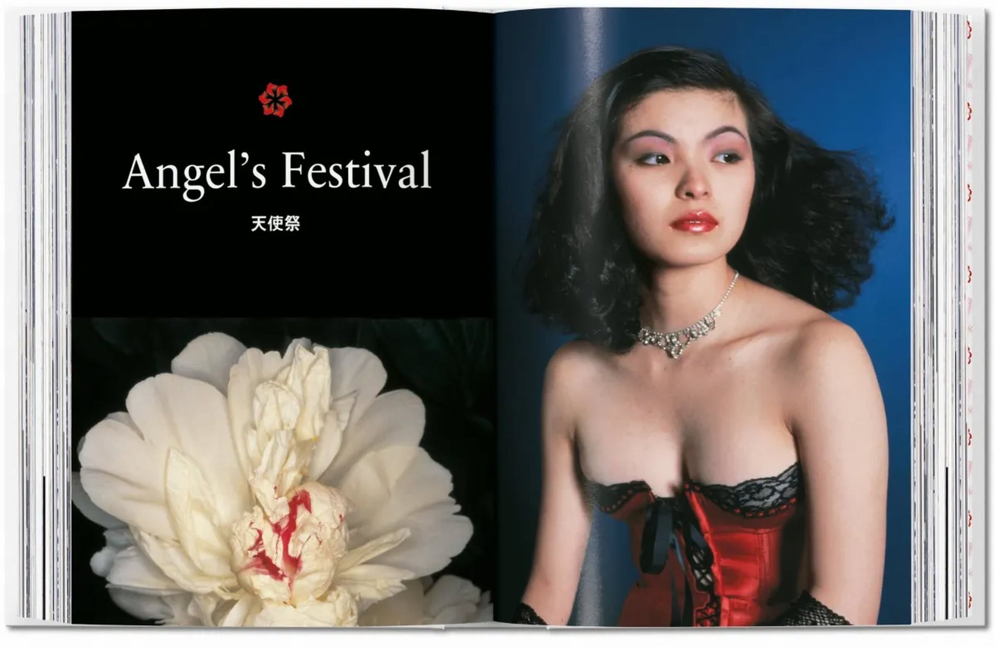 A spread from TASCHEN Araki: left page presents the Angels Festival title with Japanese text and a large white flower; right page features a woman in a red corset and black choker on blue, evoking Japanese photography.