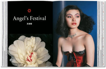 A spread from TASCHEN Araki: left page presents the Angels Festival title with Japanese text and a large white flower; right page features a woman in a red corset and black choker on blue, evoking Japanese photography.