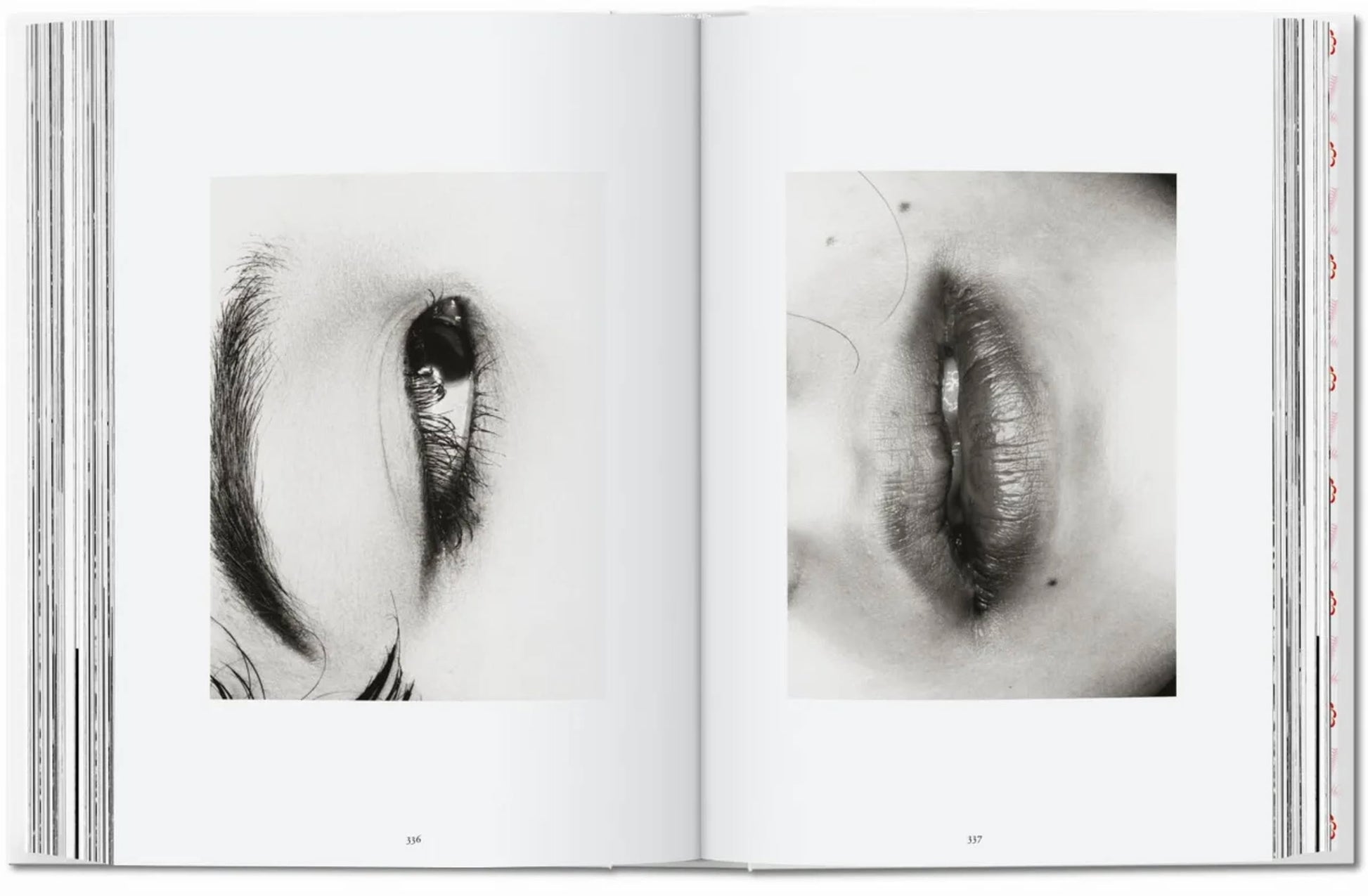 The open TESCHEN Araki book reveals two black-and-white close-ups: the left page shows an eye, while the right displays lips and part of a face—both images in Araki’s signature detailed style.