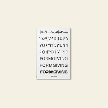 A white book cover titled TASCHEN BIG. Formgiving. An Architectural Future History features evolving scripts from ancient to modern, reflecting themes of architecture and sustainability, with the brand TASCHEN printed below.