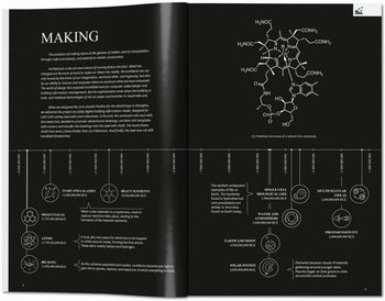 A magazine spread titled MAKING, inspired by TASCHEN BIG. Formgiving. An Architectural Future History, showcases a molecular diagram and a timeline from the Big Bang to multicellular life, emphasizing sustainability and architectural innovation.