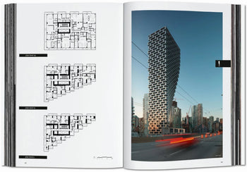 In TASCHEN BIG. Formgiving. An Architectural Future History by TASCHEN, an open book reveals three architectural floor plans on the left and a photo of a modern, sustainable high-rise at sunset on the right.