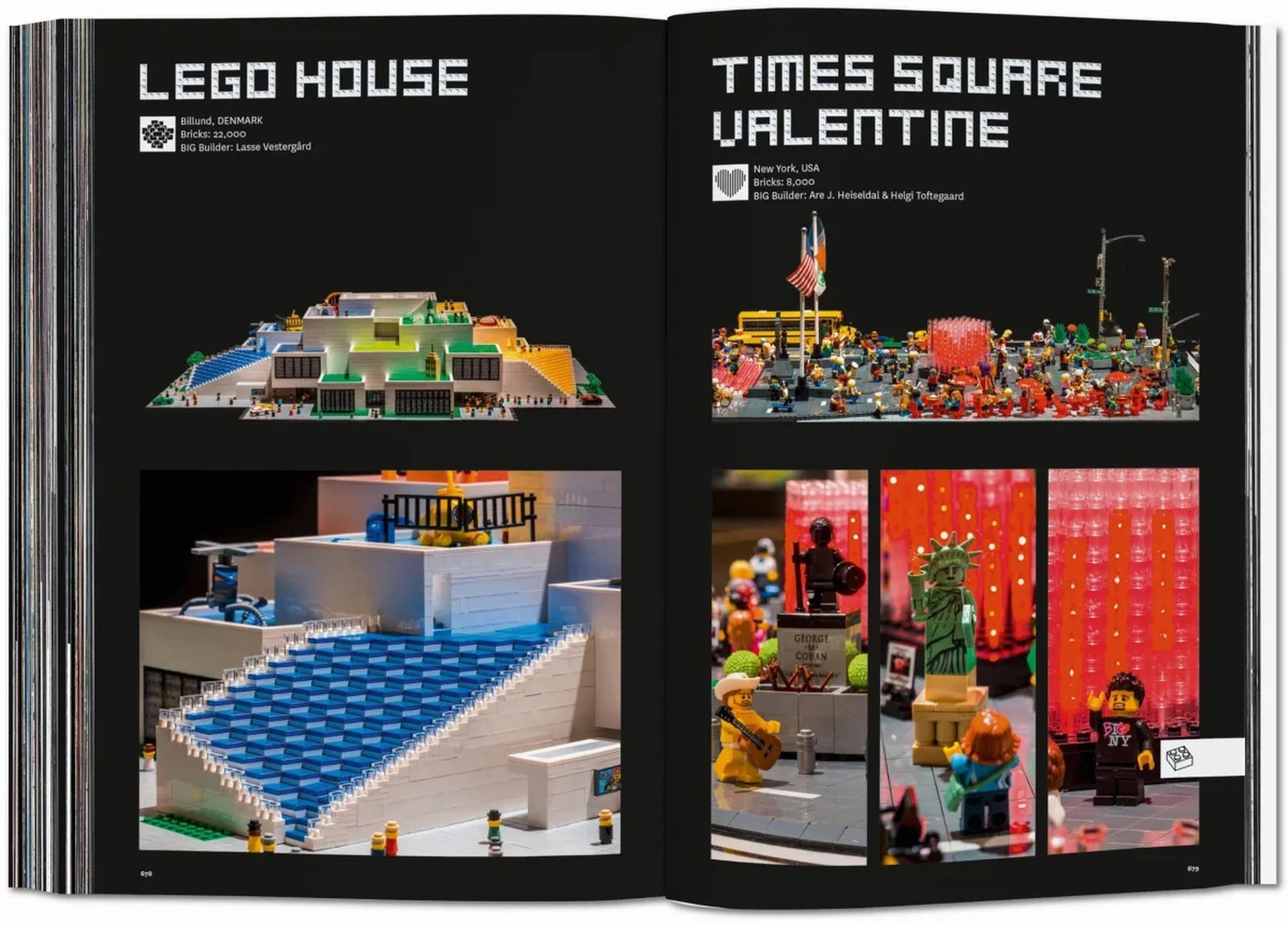 An open TASCHEN BIG. Formgiving. An Architectural Future History book by TASCHEN reveals sustainable LEGO architecture and models on the left page, and Times Square Valentine with LEGO figures, heart sculptures, and a vibrant city scene on the right.