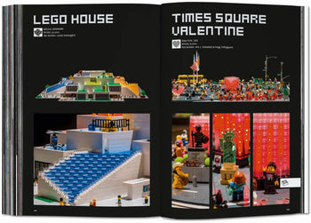 An open TASCHEN BIG. Formgiving. An Architectural Future History book by TASCHEN reveals sustainable LEGO architecture and models on the left page, and Times Square Valentine with LEGO figures, heart sculptures, and a vibrant city scene on the right.